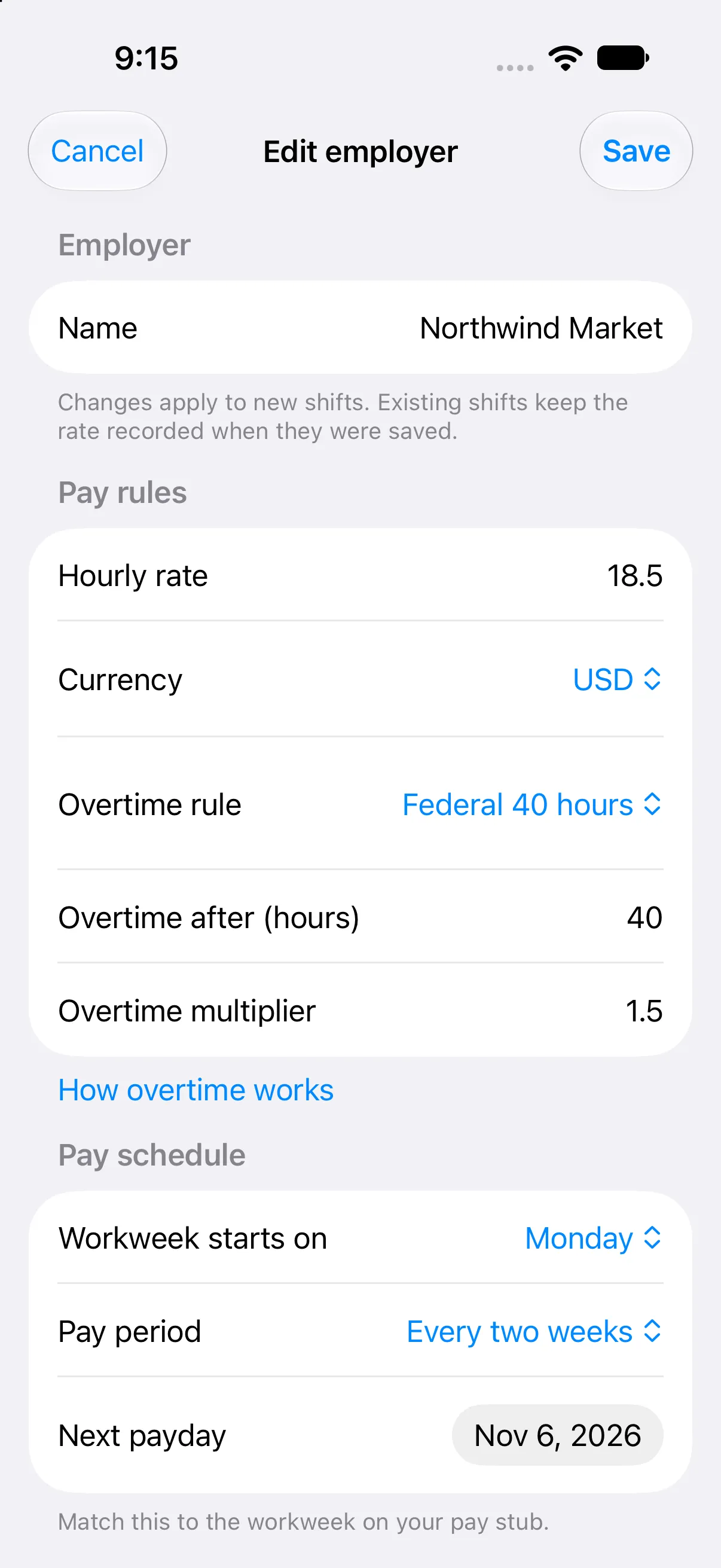 Employer settings with overtime threshold, multiplier, workweek, and pay period